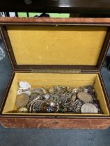 A BOX OF ASSORTED COSTUME JEWELLERY, WATCHES AND COINS, NECKLACES ETC