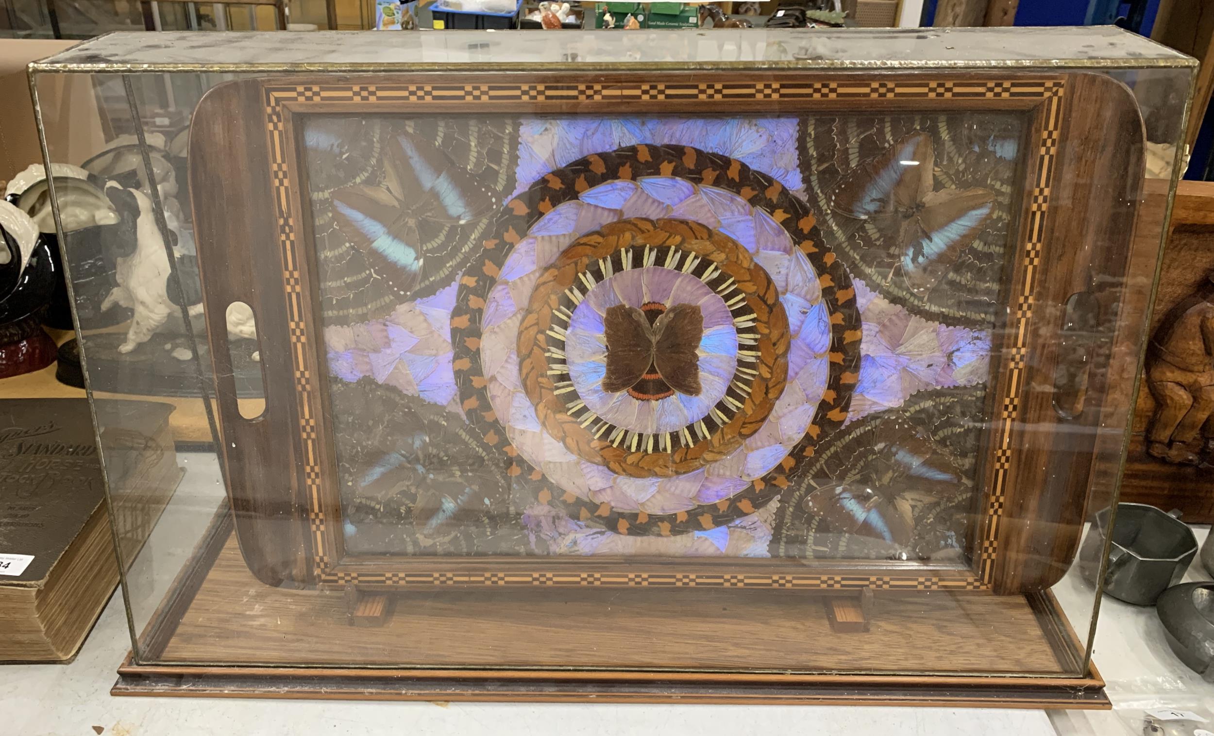 A 1920'S, BRAZILIAN, ART DECO MAHOGANY BUTTERFLY DRINKS TRAY WITH INLAID MARQUETRY BORDER, IN