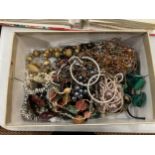 A BOX OF ASSORTED COSTUME JEWELLERY, BEAD NECKLACES ETC