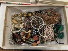 A BOX OF ASSORTED COSTUME JEWELLERY, BEAD NECKLACES ETC