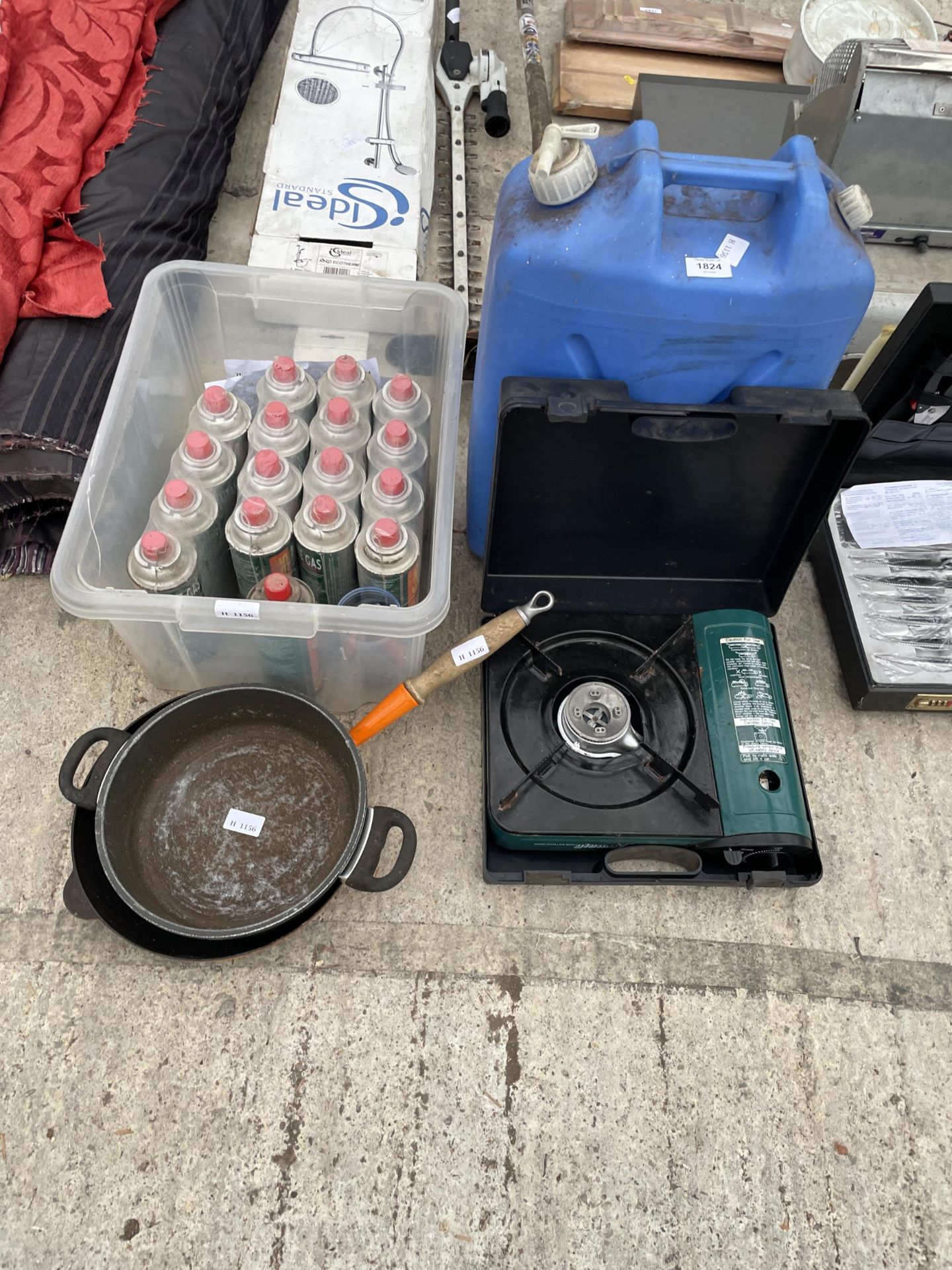 AN ASSORTMENT OF ITEMS TO INCLUDE A CAMPING GAS STOVE AND PANS ETC
