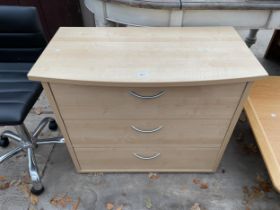 A MODERN BOWFRONTED CHEST OF THREE DRAWERS, 35" WIDE