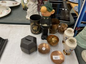 A BLACK WEDGWOOD ROYAL COMMEMORATIVE MUG AND MONEY BOX, AVON ANDY CAPP BOTTLE, COPPER BEAKER,