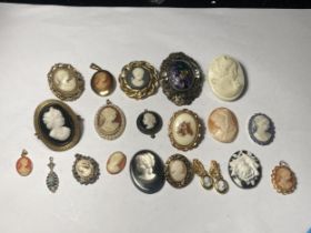 VARIOUS CAMEO ITEMS TO INCLUDE BROOCHES, SCARF RINGS, EARRINGS AND FURTHE ITEMS