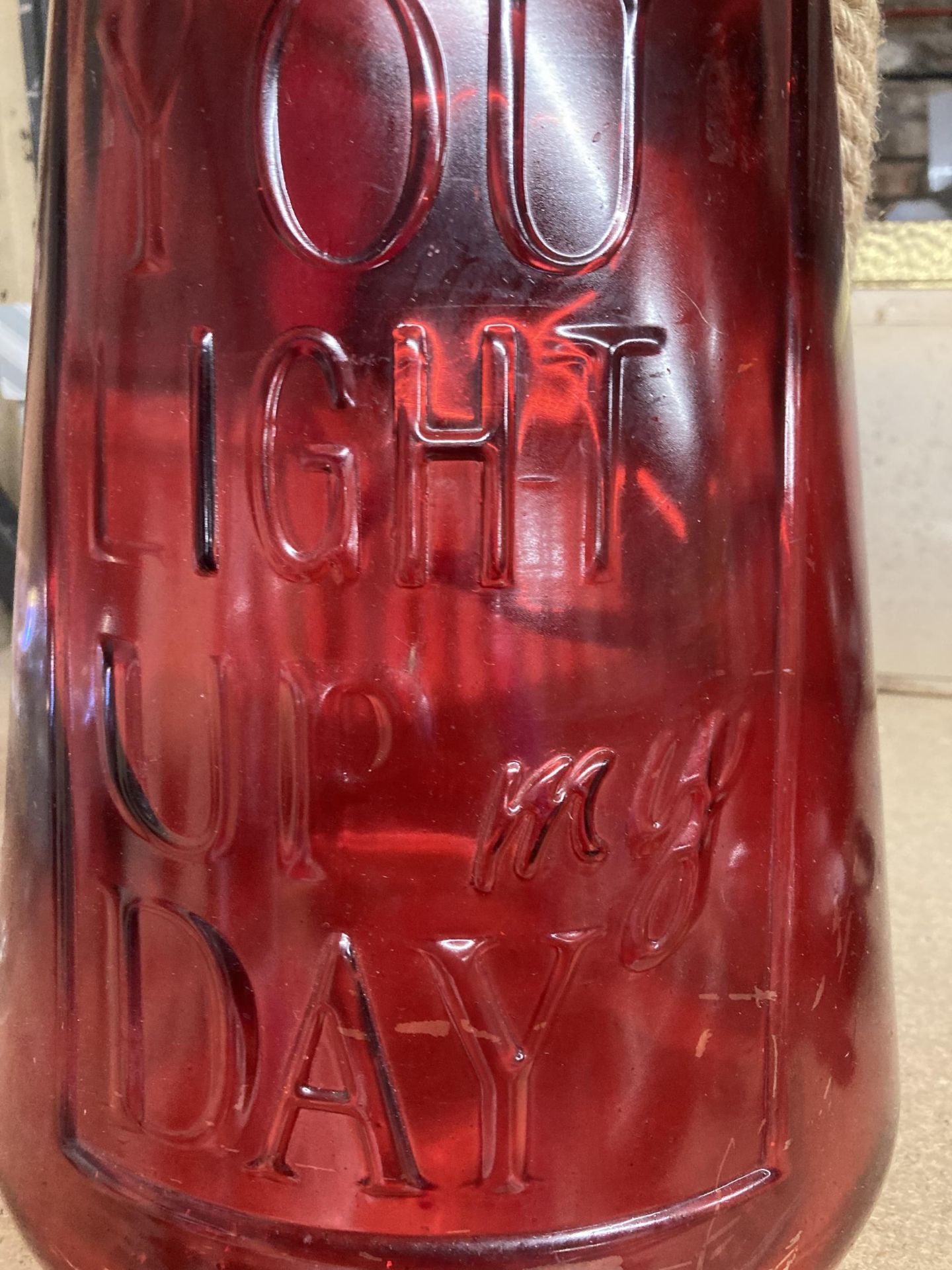 A LARGE RED GLASS YOU LIGHT UP MY DAY URN - Image 2 of 2