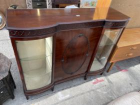 AN EARLY 20TH CENTURY DOUBLE BOWFRONTED DISPLAY CABINET, 54" WIDE WITH CENTRAL DOOR