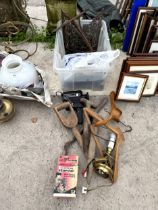 AN ASSORTMENT OF ITEMS TO INCLUDE A CAMERA AND CAST SHELF BRACKETS ETC