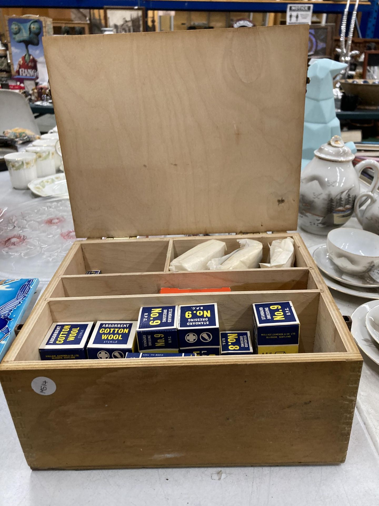 A VINTAGE WOODEN FIRST AID KIT BOX WITH BOXED ITEMS - Image 3 of 3