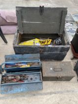 THREE VARIOUS TOOL BOXES CONTAINING AN ASSORTMENT OF TOOLS TO INCLUDE CHISELS AND PLIERS ETC