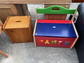 A CHILDS GAMES SETTLE AND PINE BOX/STOOL