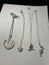 FOUR ASSORTED SILVER NECKLACES WITH PENDANTS