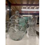 THREE ITEMS - FLORAL GLASS JAR, WADEHEATH SQUIRREL JUG AND RCR CRYSTAL VASE