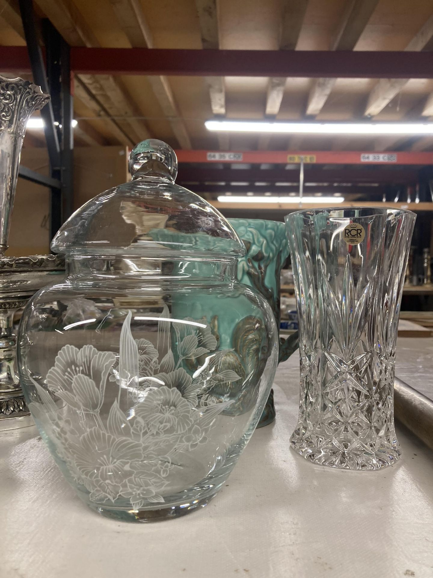 THREE ITEMS - FLORAL GLASS JAR, WADEHEATH SQUIRREL JUG AND RCR CRYSTAL VASE
