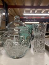 THREE ITEMS - FLORAL GLASS JAR, WADEHEATH SQUIRREL JUG AND RCR CRYSTAL VASE