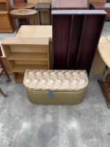 A LLOYD LOOM STYLE OTTOMAN, C.D RACK AND THREE TIER OPEN SHELVING