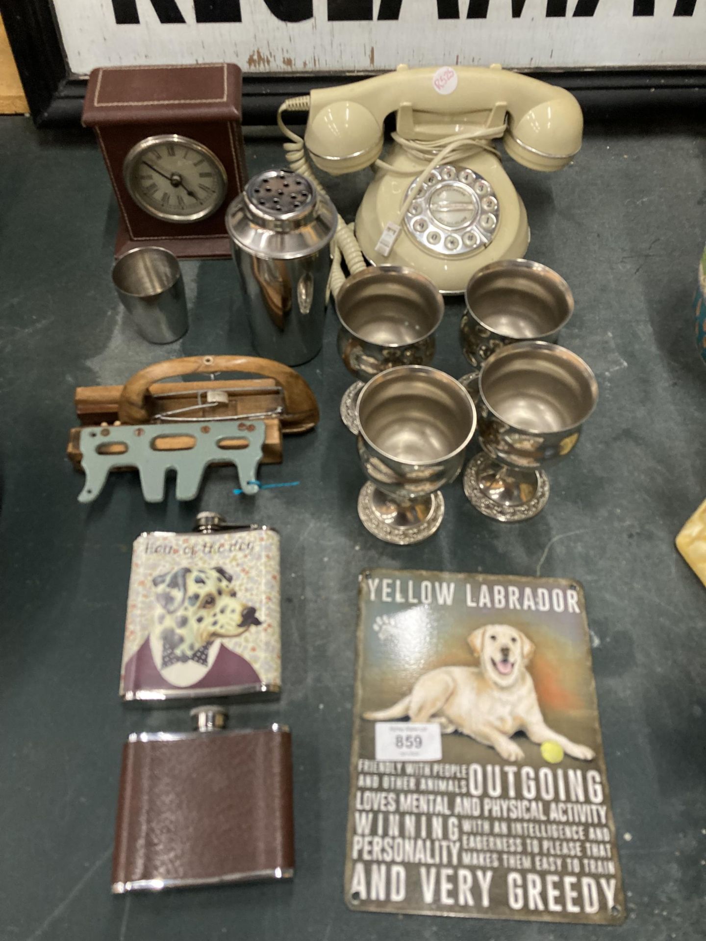 A MIXED LOT TO INCLUDE SILVER PLATED GOBLETS, HIP FLASKS, A VINTAGE STYLE TELEPHONE, COCKTAIL