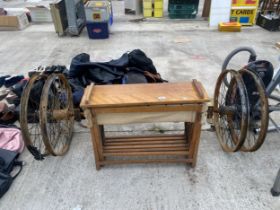 A VINTAGE CAMP BED AND A HORSE CART CHASIS