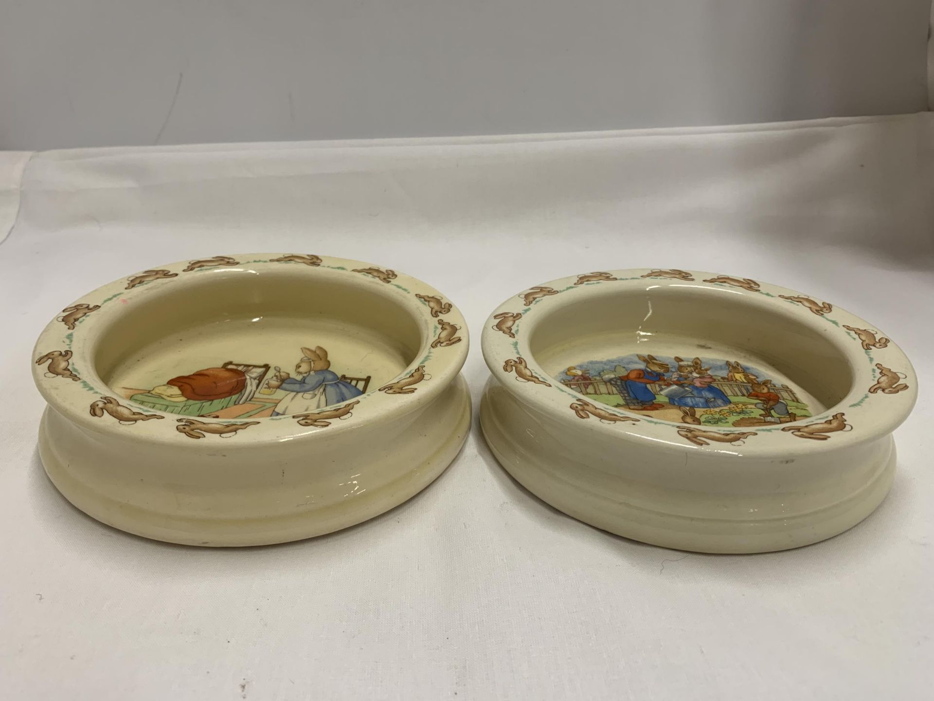 TWO ROYAL DOULTON BUNNYKINS DEEP IVORY GLAZED EARTHENWARE BABY PLATES "MEDICINE TIME" PRODUCED UNTIL - Image 2 of 4