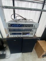 AN ASSORTMENT OF JVC STEREO EQUIPMENT TO INCLUDE A PAIR OF SPEAKERS