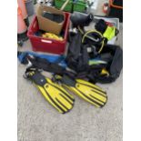 A LARGE QUANTITY OF SCUBA DIVING EQUIPMENT TO INCLUDE FLIPPERS, WEIGHTS AND MOUTH PIECES ETC