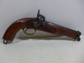 A DEACTIVATED PERCUSSION CAP PISTOL, 19.5CM BARREL, WOODEN STOCK WITH BRASS FITTINGS, LENGTH 36CM