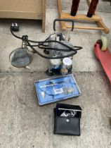 AN ASSORTMENT OF ITEMS TO INCLUDE A MAGNIFYING GLASS AND A COMPRESSOR ETC