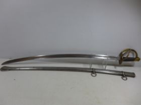 A BRASS HILTED SWORD AND SCABBARD, 85CM BLADE, LENGTH 107CM