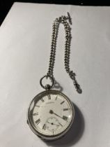 A HALLMARKED BIRMINGHAM SILVER POCKET WATCH AND ALBERT CHAIN