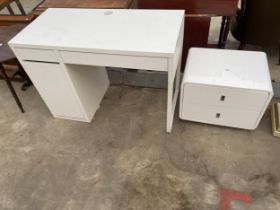 A MODERN WHITE SINGLE PEDESTAL DESK AND SIMILAR CHEST OF TWO DRAWERS