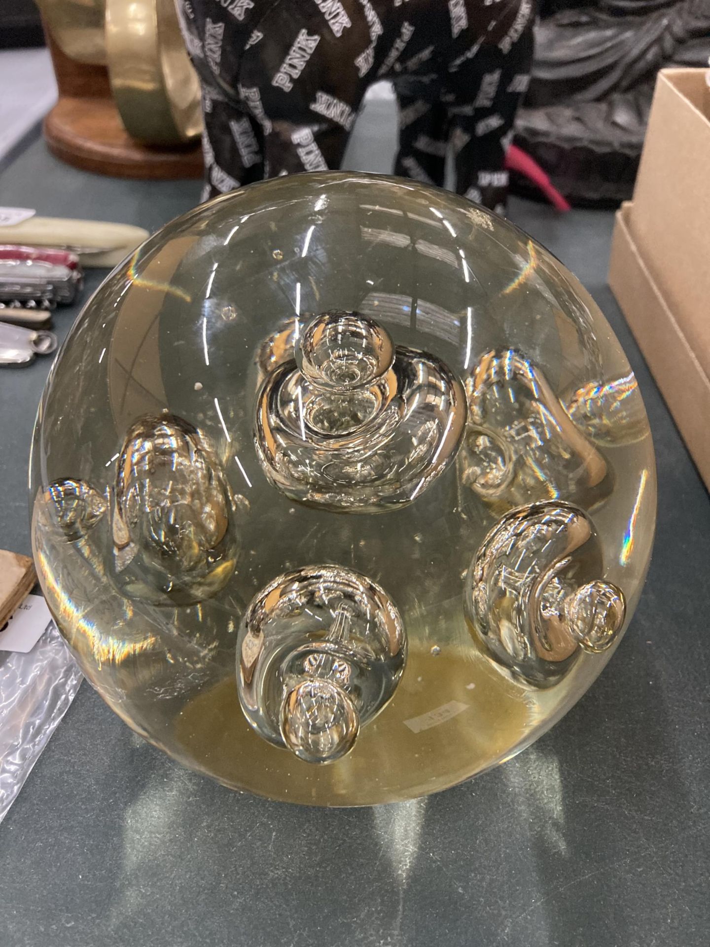 A VERY HEAVY GLASS DESIGNER 'DUMP' PAPERWEIGHT, CIRCUMFERENCE 18 INCHES