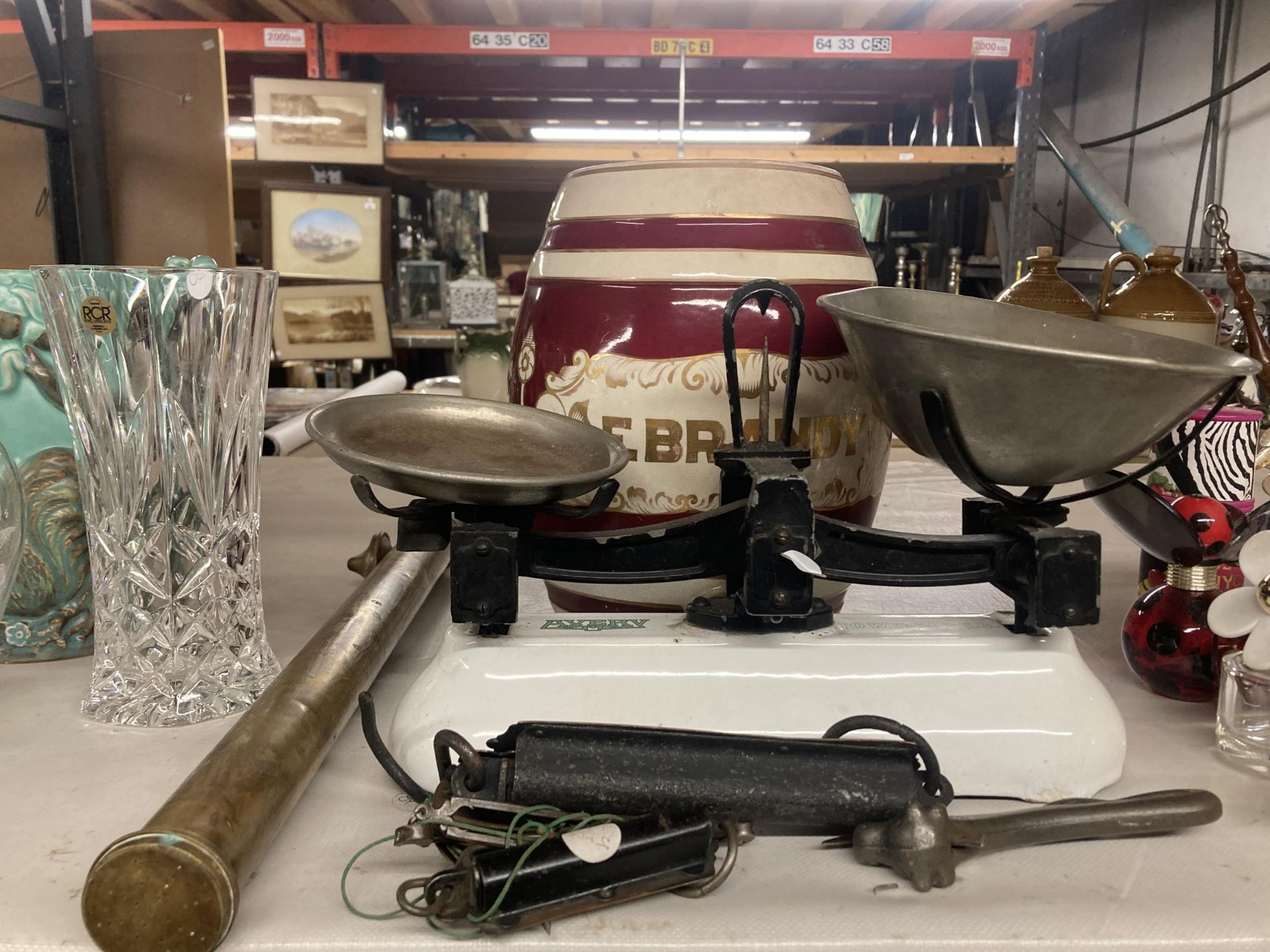 A SET OF VINTAGE AVERY SCALES, A BULL'S HEAD TIN OPENER AND A CERAMIC BRANDY BARREL