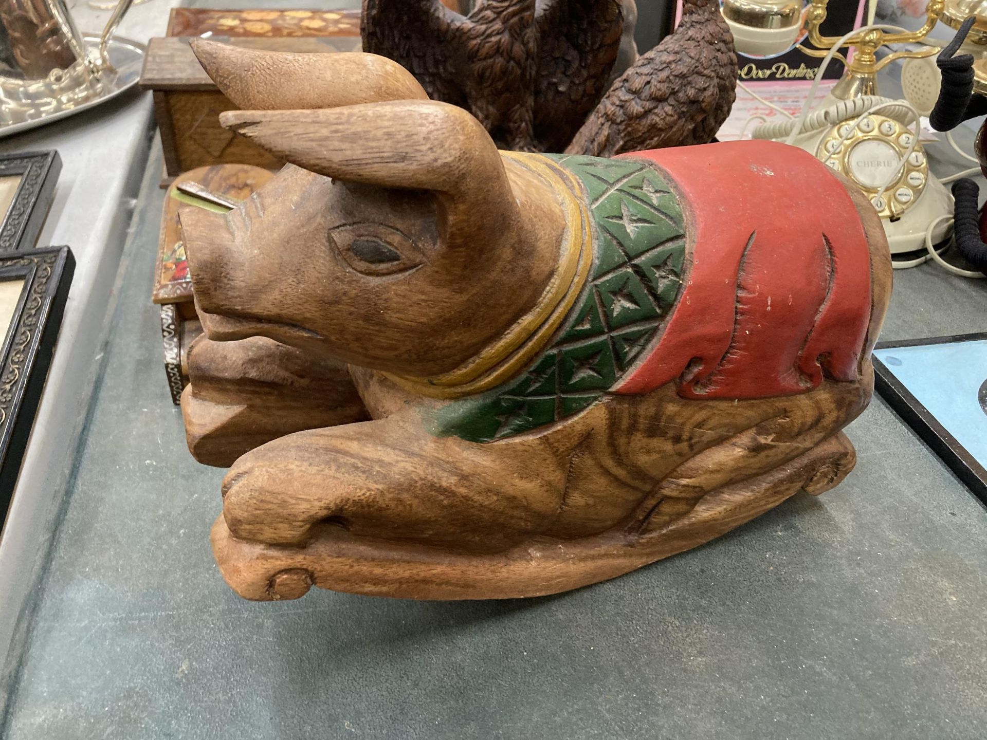 A COLLECTION OF WOODEN WARES,ROCKING PIG FIGURE, INLAID BOX, EAGLE FIGURE - Image 2 of 4