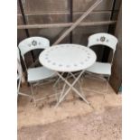 A MODERN METALWARE PAINTED FOLDING PATIO TABLE AND TWO CHAIRS