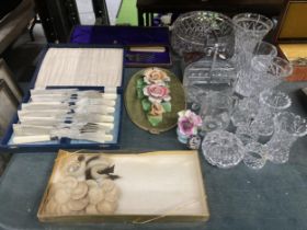 A MIXED LOT TO INCLUDE CUT GLASS VASES, BOXED EPNS CUTLERY SET, FISH SERVER SET
