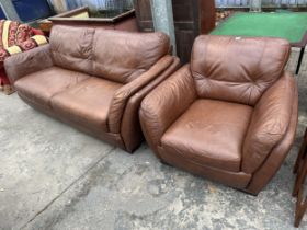 A MODERN BROWN LEATHER THREE SEATER SETTEE AND MATCHING EASY CHAIR