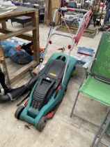 AN ELECTRIC BOSCH ROTAK 34GC LAWN MOWER WITH GRASS BOX