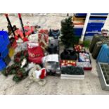 A LARGE ASSORTMENT OF CHRISTMAS DECORATIONS TO INCLUDE ARTIFICAIL TREES AND WREATHS, LIGHTS, BAUBLES