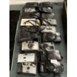 A COLLECTION OF CAMERAS TO INCLUDE PRAKTICA, KONICA, CANON, OLYMPUS, ETC - 18 IN TOTAL