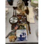 A LARGE MIXED LOT TO INCLUDE AN ANNIVERSARY CLOCK, TILES, A BAROMETER, TREEN ITEMS, ETC