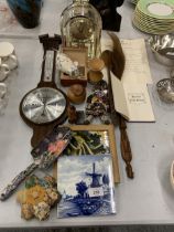 A LARGE MIXED LOT TO INCLUDE AN ANNIVERSARY CLOCK, TILES, A BAROMETER, TREEN ITEMS, ETC