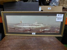 A SIGNED FRAMED PHOTOGRAPH OF THE S.S CANBERRA RETURNING FROM THE 1982 FALKLANDS WAR, SIGNED BY