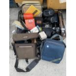 A LARGE ASSORTMENT OF PHOTOGRAPHY EQUIPMENT TO INCLUDE CAMERAS AND CAMERA BAGS ETC