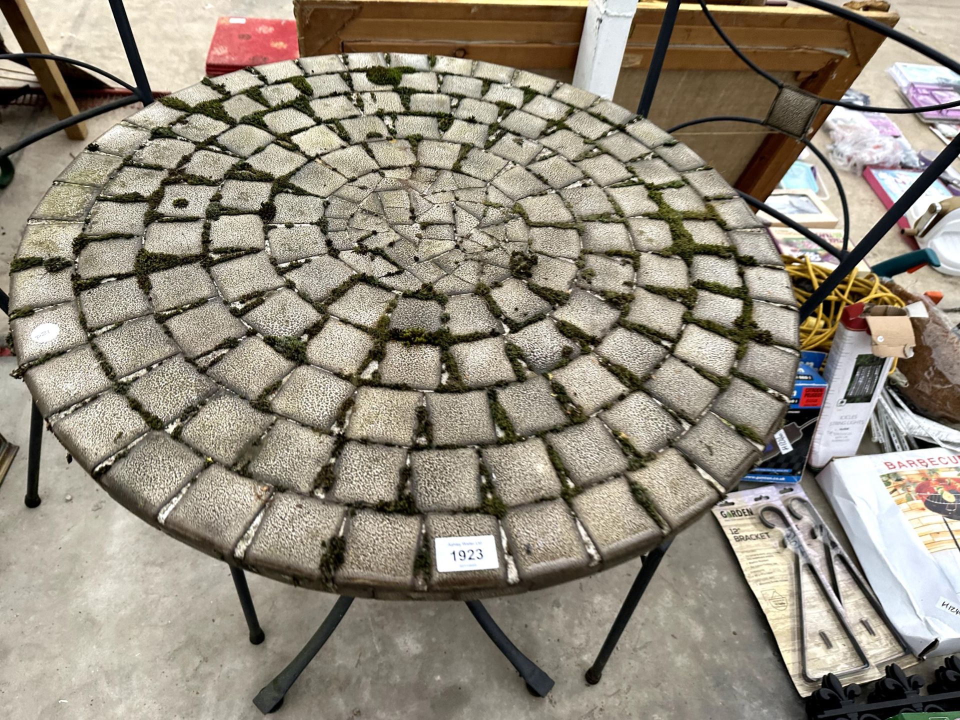 A BISTRO SET COMPRISING OF A ROUND TILE TOP TABLE AND TWO METAL CHAIRS - Image 2 of 3