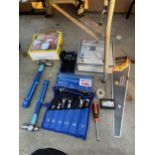 AN ASSORTMENT OF AS NEW TOOLS TO INBCLUDE A SPANNER SET, HAMMERS AND A HEAT GUN ETC