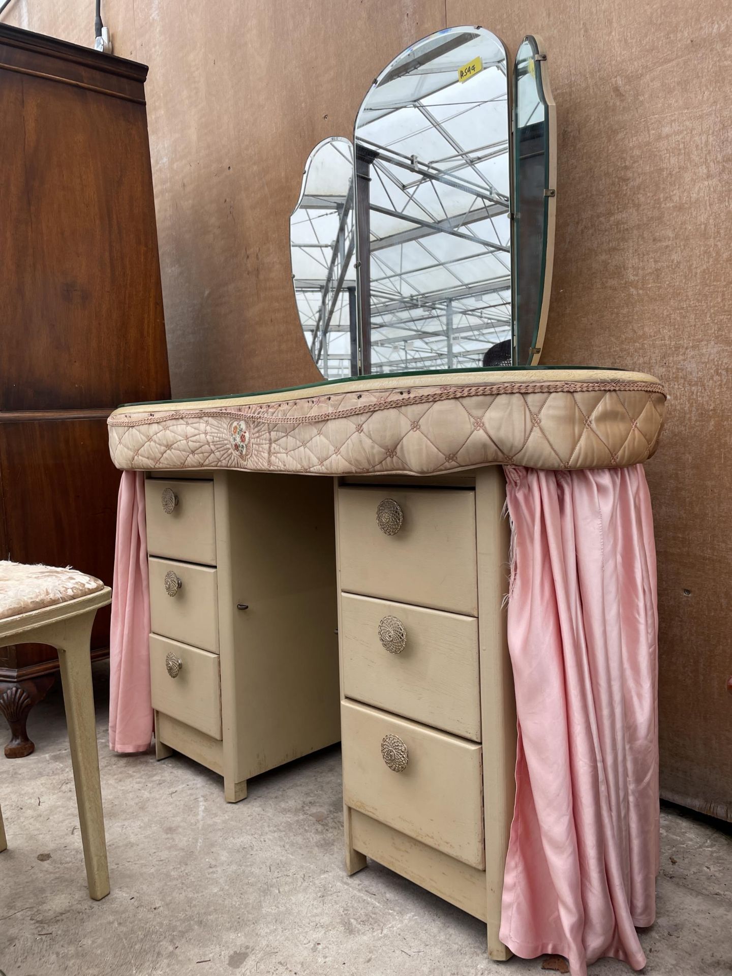 A MID 20TH CENTURY KIDNEY SHAPED DRESSING TABLE WITH PULL ROUND CURTAIN AND MATCHING STOOL - Image 2 of 5