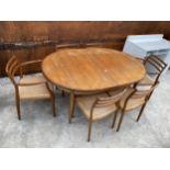 A G-PLAN RETRO TEAK EXTENDING DINING TABLE, 64 X 44" (LEAF 18.5") AND SIX DINING CHAIRS WITH RUSH