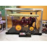 A VINTAGE WOODEN MODEL STEAM ENGINE, ON A WOODEN PLINTH BASE WITH PERSPEX DISPLAY BOX AND WITH
