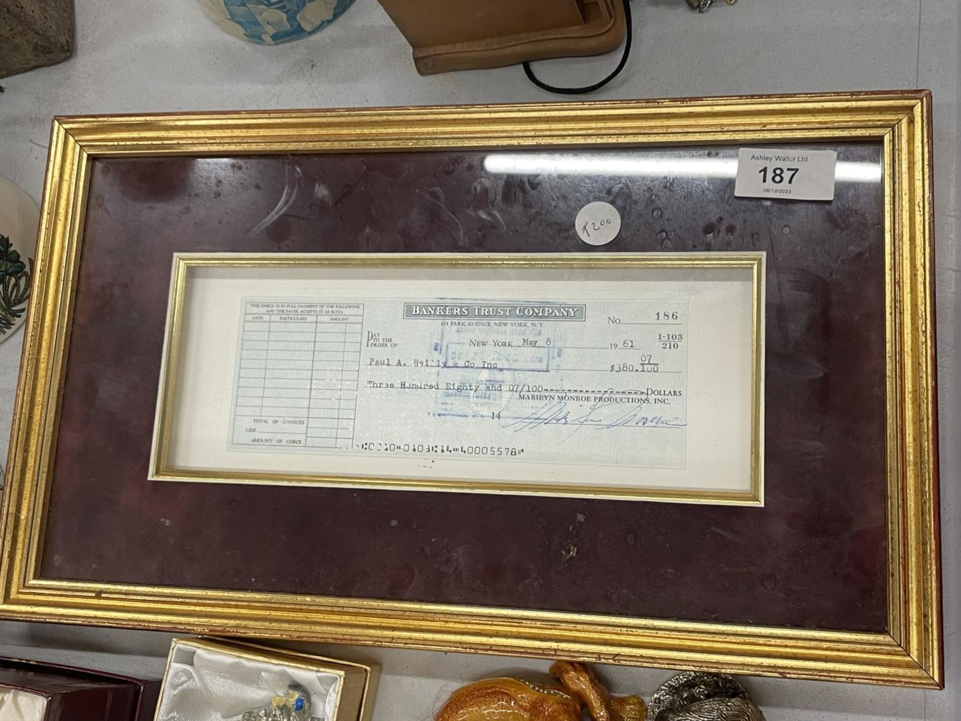 A BANKER TRUST COMPANY FRAMED CHEQUE