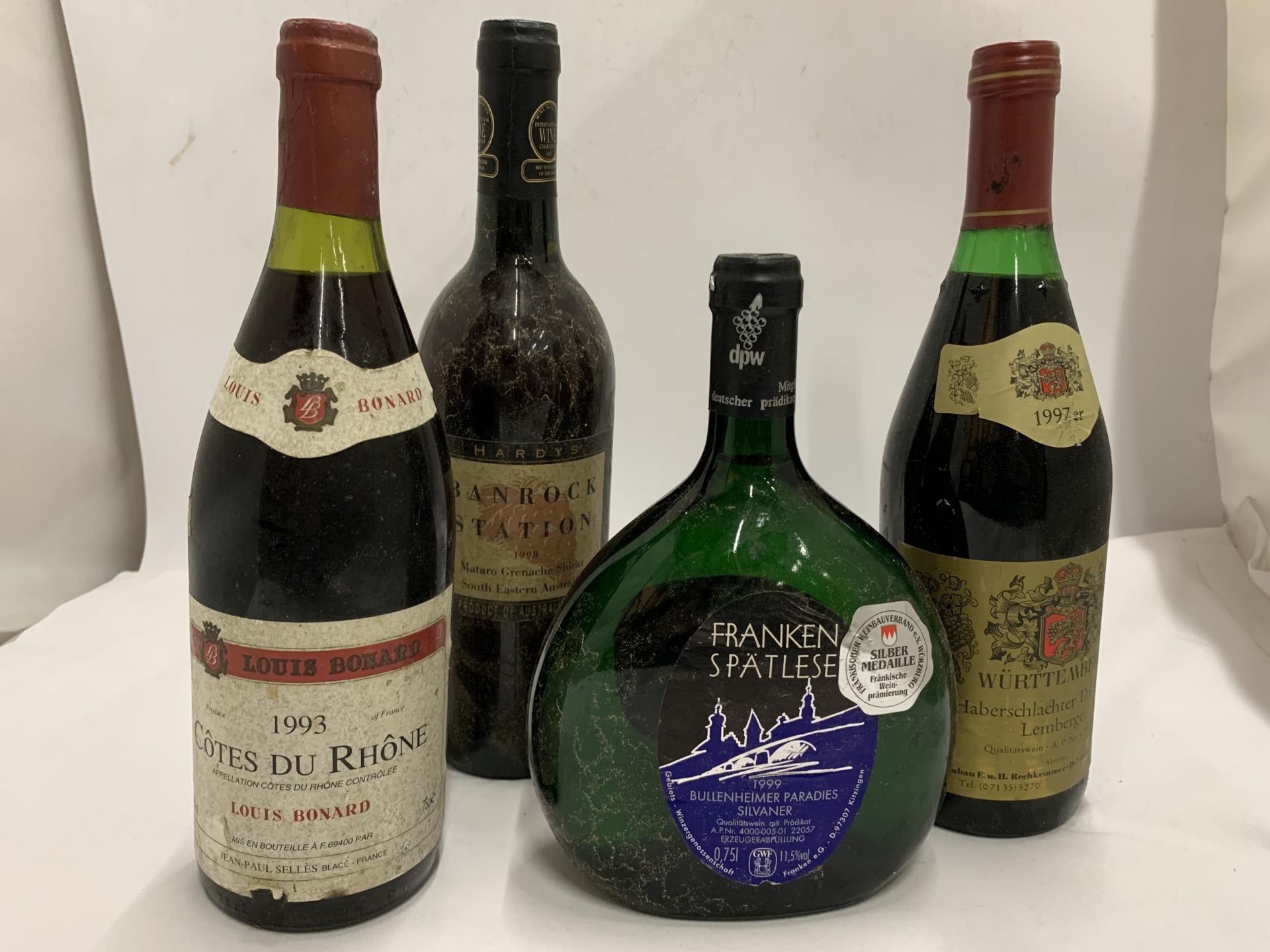 FOUR MIXED BOTTLES - 1993 COTES DU RHONE LOUIS BONARD, HARDY'S, 1999 FRANKEN SPATLESE AND 1997