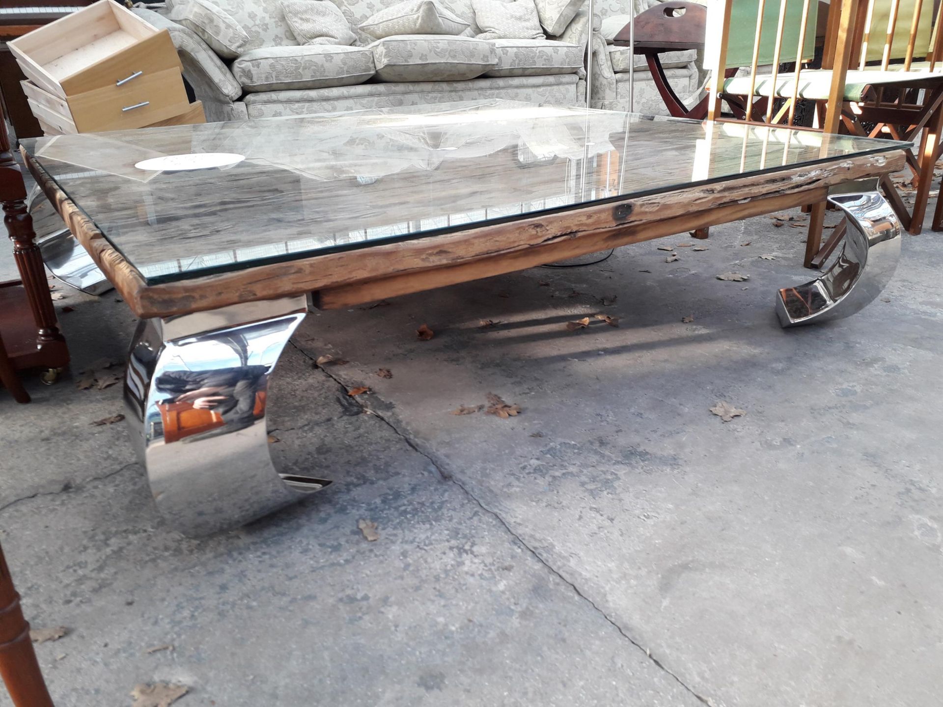 A RUSTIC COFFEE TABLE WITH RECLAIMED WOOD TOP ON SWEPT CHROMIUM PLATED LEGS, 55" SQUARE - Image 2 of 3